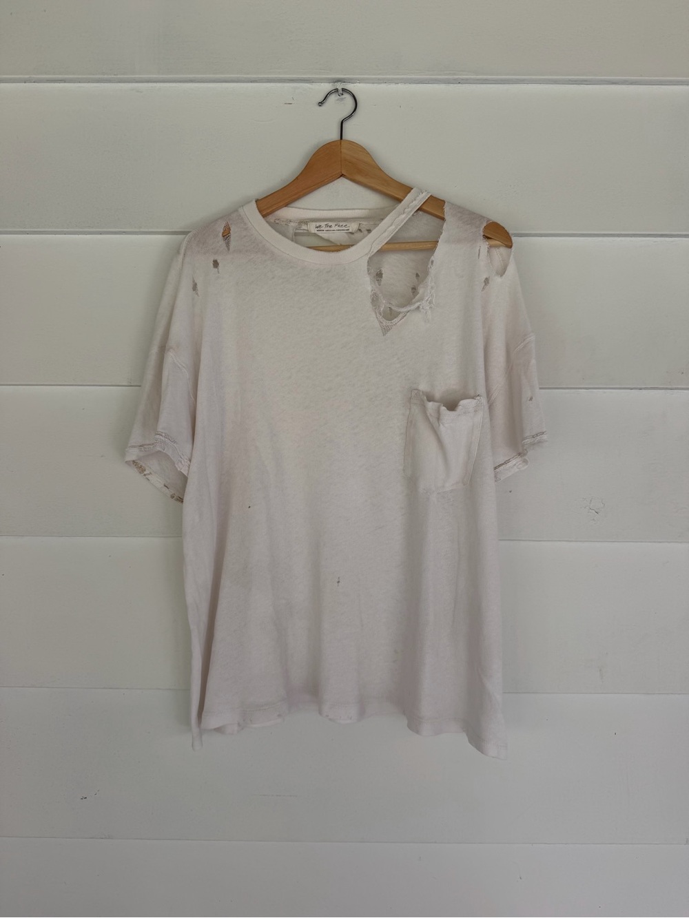 We The Free Distressed White Short Sleeve Pocket Tee
